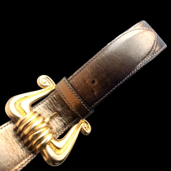 Vintage 80s Belt Womens Medium 34 Metallic Leather Brass Buckle Avignon Spain - Picture 10 of 11